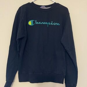 Champion Black Crewneck Sweatshirt with Teal Logo Accent